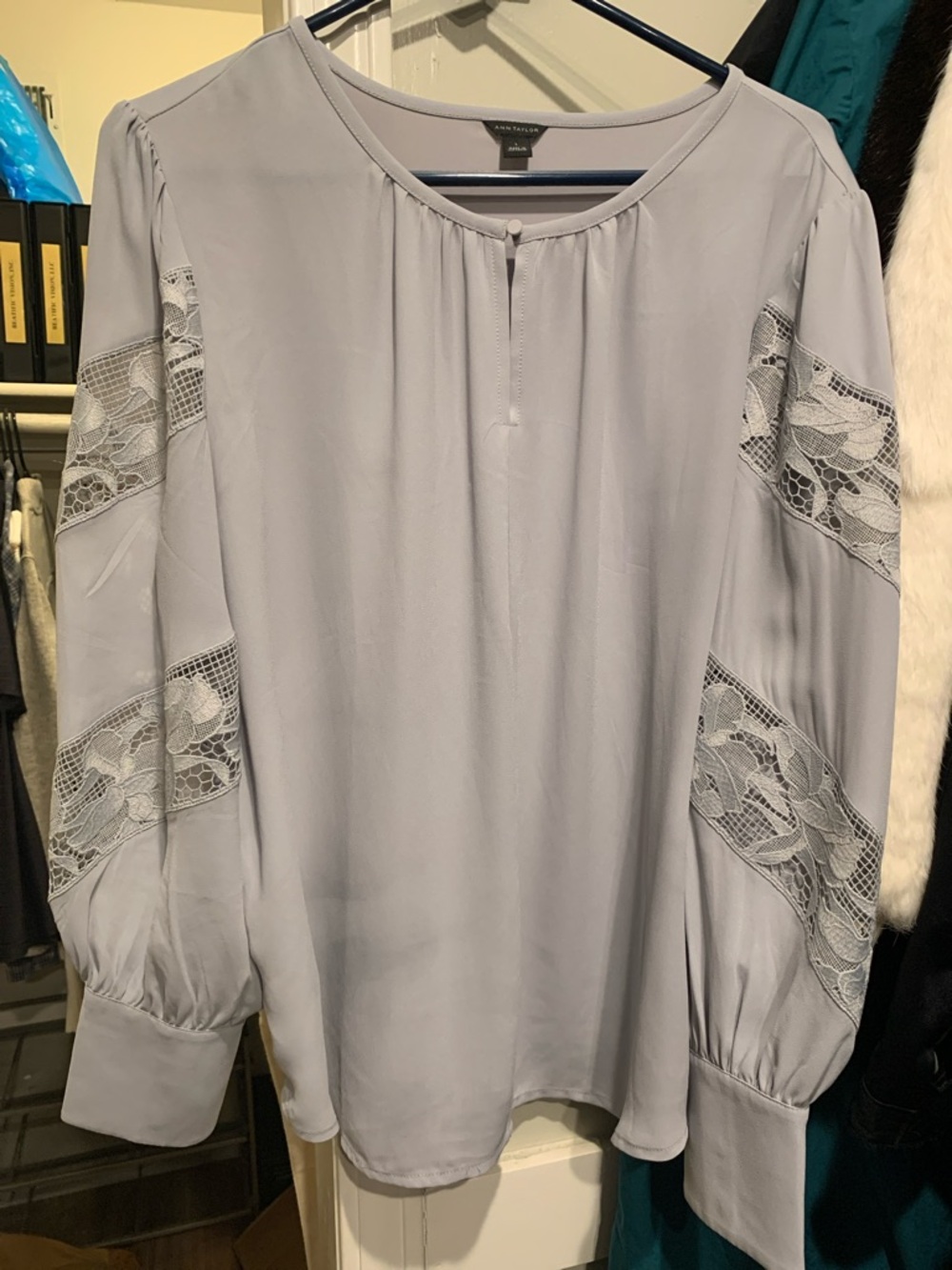 Ann Taylor Grey Lace-Insert Blouse